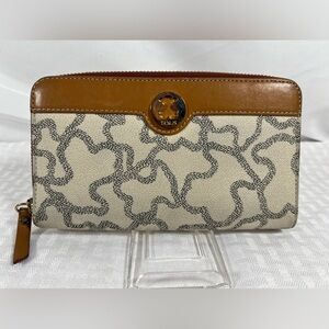 2058: TOUS Bear Print Zip Around Wallet Canvas Leather Continental